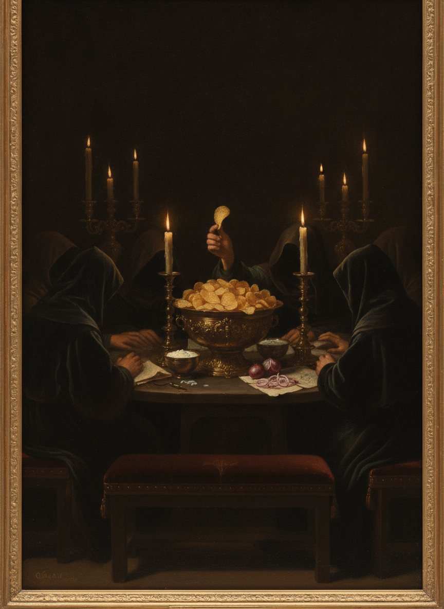 A candlelit gathering of robed figures reverently sharing a bowl of chips.