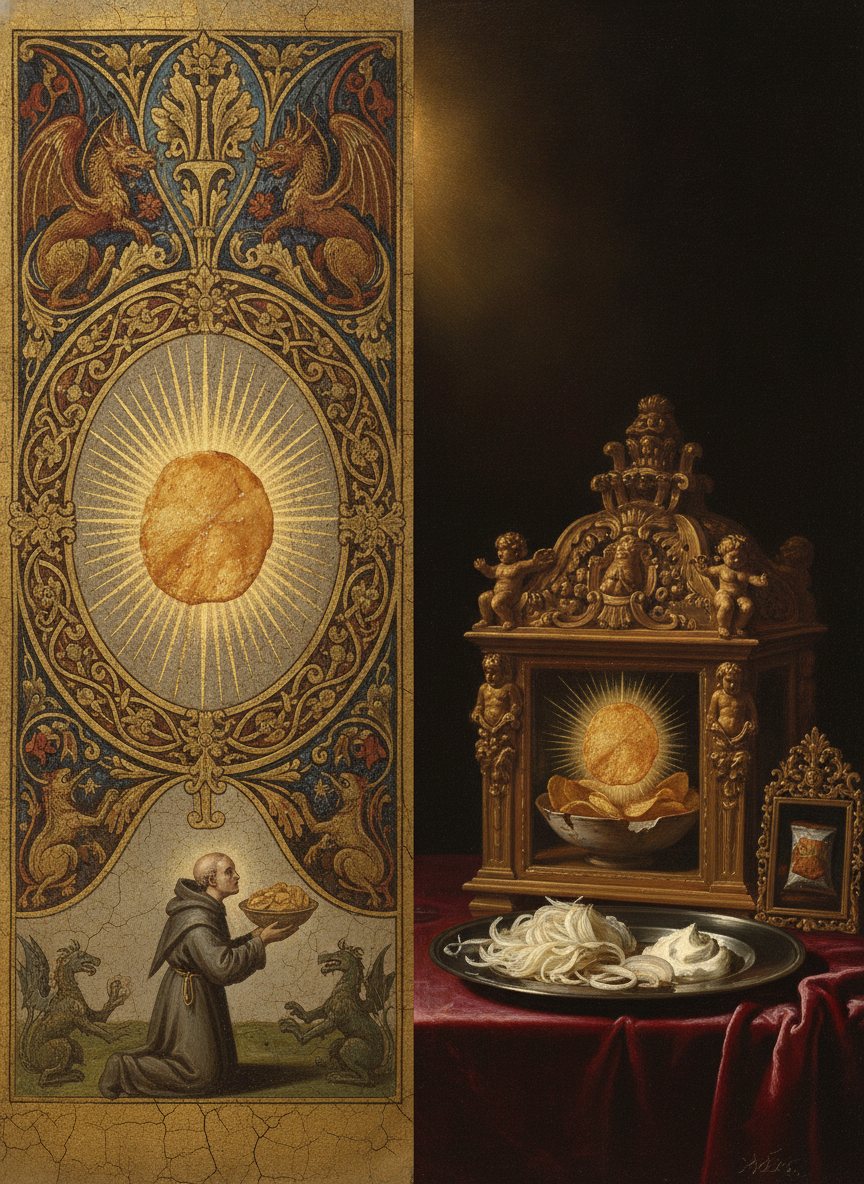 An illuminated manuscript page venerating a single potato chip beneath a golden halo.